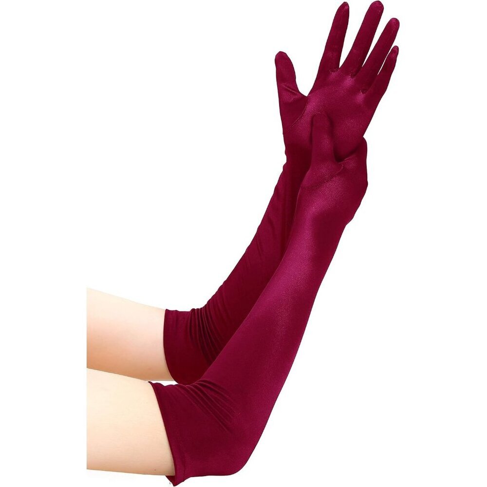 Women's Smooth Wine Red Long Satin Gloves Elbow Length Party Costume Accessory